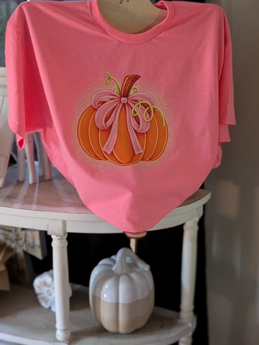 Gildan Bright Pink Short Sleeve Tee with Orange Pumpkin Graphic